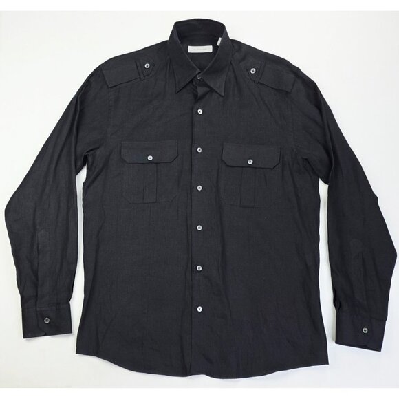 Ermenegildo Zegna Size Medium Mens Black Linen Shoulder Strap Button Down Shirt - Picture 1 of 10